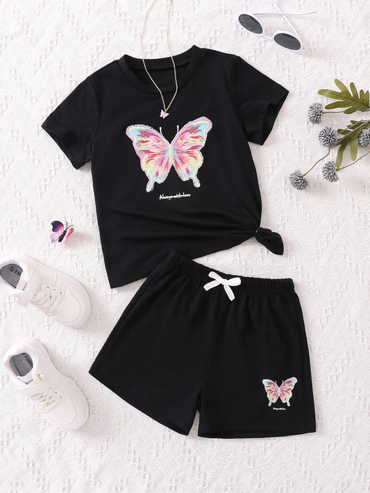 B Toddler Girls Butterfly Print Tee Bow Front Shorts